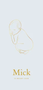 Grijsblauw geboortekaartje met lijnillustratie in goud