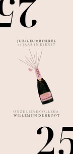 Hippe jubileumkaart medewerker 25 jaar met champagnefles