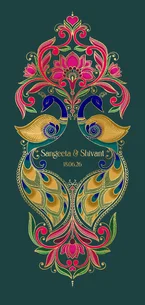 Indiase trouwkaart met kleurige henna patronen en pauwen