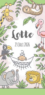 Jungle geboortekaartje met meisje in hangmat en wilde dieren
