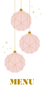 Kerst menukaart met roze kerstballen goudkleurige sterretjes