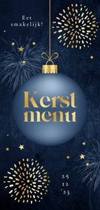 Kerstdiner menukaart kerstbal goud vuurwerk sterretjes