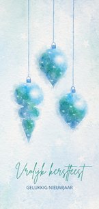 Kerstkaart blauw-groen aquarel met 3 kerstballen