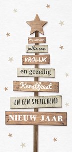 Kerstkaart hip met houten kerstboom en kerstwens