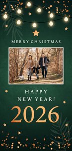 Kerstkaart langwerpig groen foto lampjes sterren koperlook