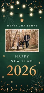 Kerstkaart langwerpig groen foto lampjes sterren koperlook