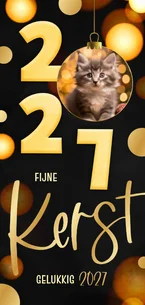 Kerstkaart langwerpig zwart 2027 kerstbal goud