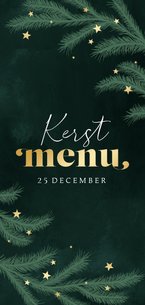 Kerstkaart menu kerstdiner dennentakken groen goud sterren