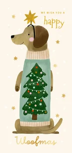 Kerstkaart teckel met kerstboom trui sterren happy woofmas