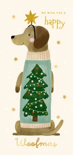 Kerstkaart teckel met kerstboom trui sterren happy woofmas