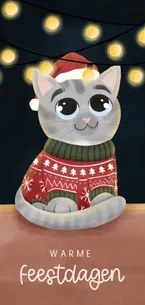 Kerstkaartje schattige kat met kersttrui en lampjes