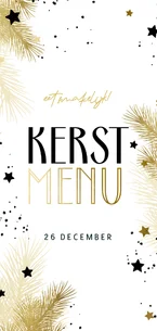 Kerstmenu kaart zwartwit met gouden kersttakjes en sterren