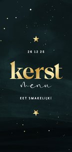 Kerstmenukaart in goudtint en donkergroen met sterren
