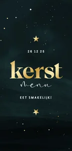 Kerstmenukaart in goudtint en donkergroen met sterren