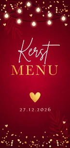 Kerstmenukaart rood langwerpig goudlook lampjes hartje
