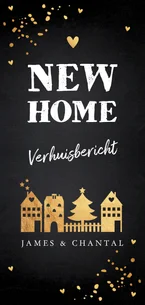 Kerstverhuiskaart huisjes confetti goudlook