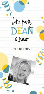 Kinderfeestje uitnodiging confetti serpentines geel blauw