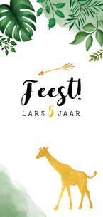 Kinderfeestje uitnodiging met jungle bladeren en giraffe