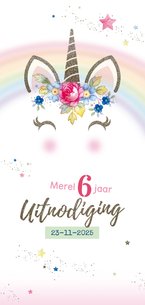 Kinderfeestje uitnodiging unicorn met bloemen en sterren