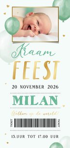 Kraamfeest uitnodiging ballonnen hartjes ticket unisex goud