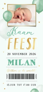 Kraamfeest uitnodiging ballonnen hartjes ticket unisex goud