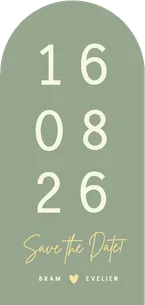 Langwerpig minimalistisch boog kaartje met grote trouwdatum 