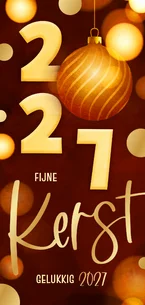 Langwerpige kerstkaart modern rood 2027 kerstbal goud