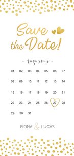 Langwerpige Save the Date kaart kalender met gouden hartjes