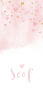 Lief en hip langwerpig geboortekaartje met waterverf hartjes