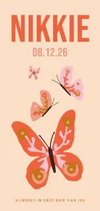 Lief geboortekaartje met vlinders roze rood voor een meisje