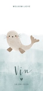 Lief geboortekaartje met zeehondje en blauwe waterverf