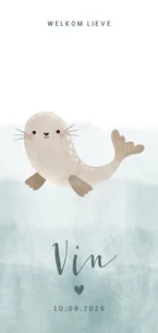 Lief geboortekaartje met zeehondje en blauwe waterverf