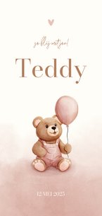 Lief geboortekaartje teddybeer met ballon roze waterverf