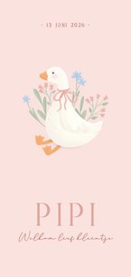 Lief langwerpig geboortekaartje met gansje en bloemen roze