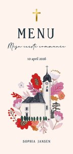 Menu kaart communie bloemen en kerkje