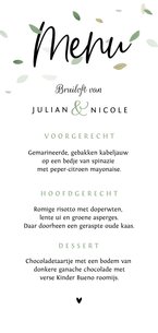 Menukaart bruiloft ecologisch blaadjes wit groen stijlvol
