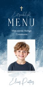 Menukaart communie jongen stijlvol foto verf blauw goud
