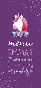 Menukaart communie met unicorn en confetti