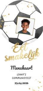 Menukaart communie voetbal thema foto goud snacks