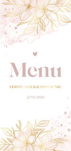 Menukaart goudfolie bloemen met roze waterverf
