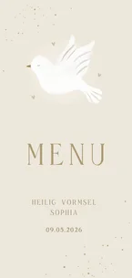 Menukaart heilig vormsel beige duif hartjes