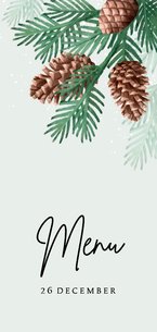 Menukaart kerst dennentakjes dennenappel sneeuw