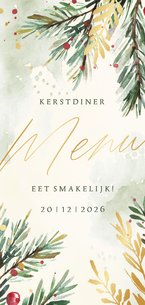 Menukaart kerstdiner kersttakjes in waterverf met goudfolie