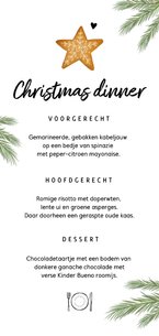 Menukaart kerstdiner met kerstkoekje en takjes