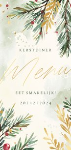 Menukaart kerstdiner waterverf kersttakjes met goud