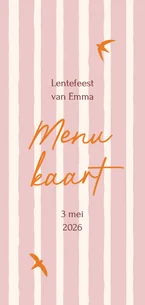 Menukaart lentefeest oranje vogeltjes met roze streep