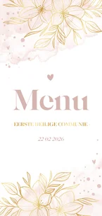 Menukaart lief gouden bloemen met roze waterverf