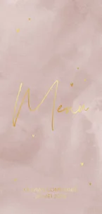 Menukaart met oudroze waterverf en goudfolie hartjes