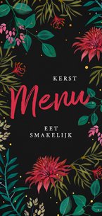 Menukaart met rode bloemen voor een sfeervol kerstdiner