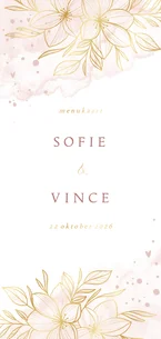 Menukaart romantisch gouden bloemen met roze waterverf